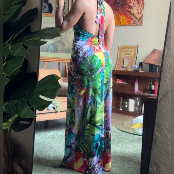Y2K Women’s Tropical Halter Maxi Dress w/ Gold Chain Detail – Size S/M - Picture 3 of 8